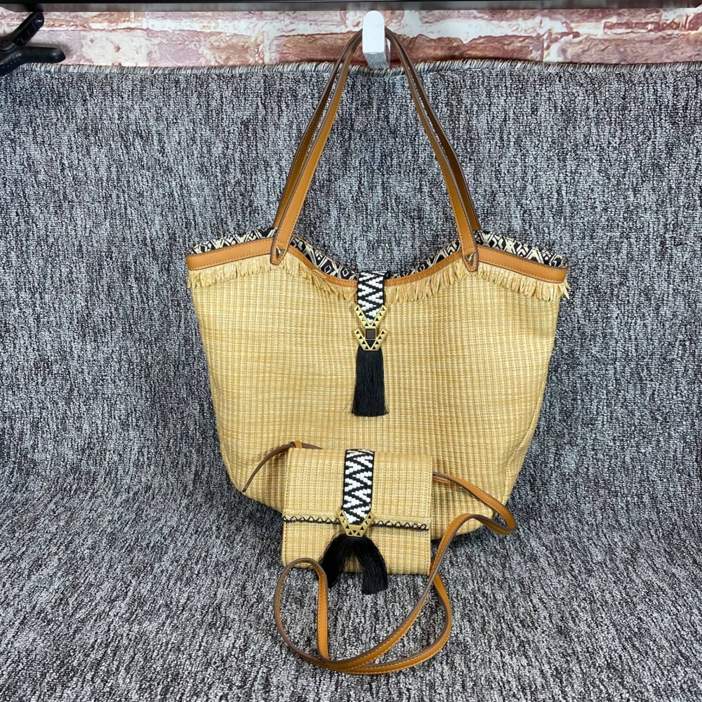 Stella Dot Riviera Straw Tote Crossbody Bag Set Tassel Woven Aztec Fringe Beach